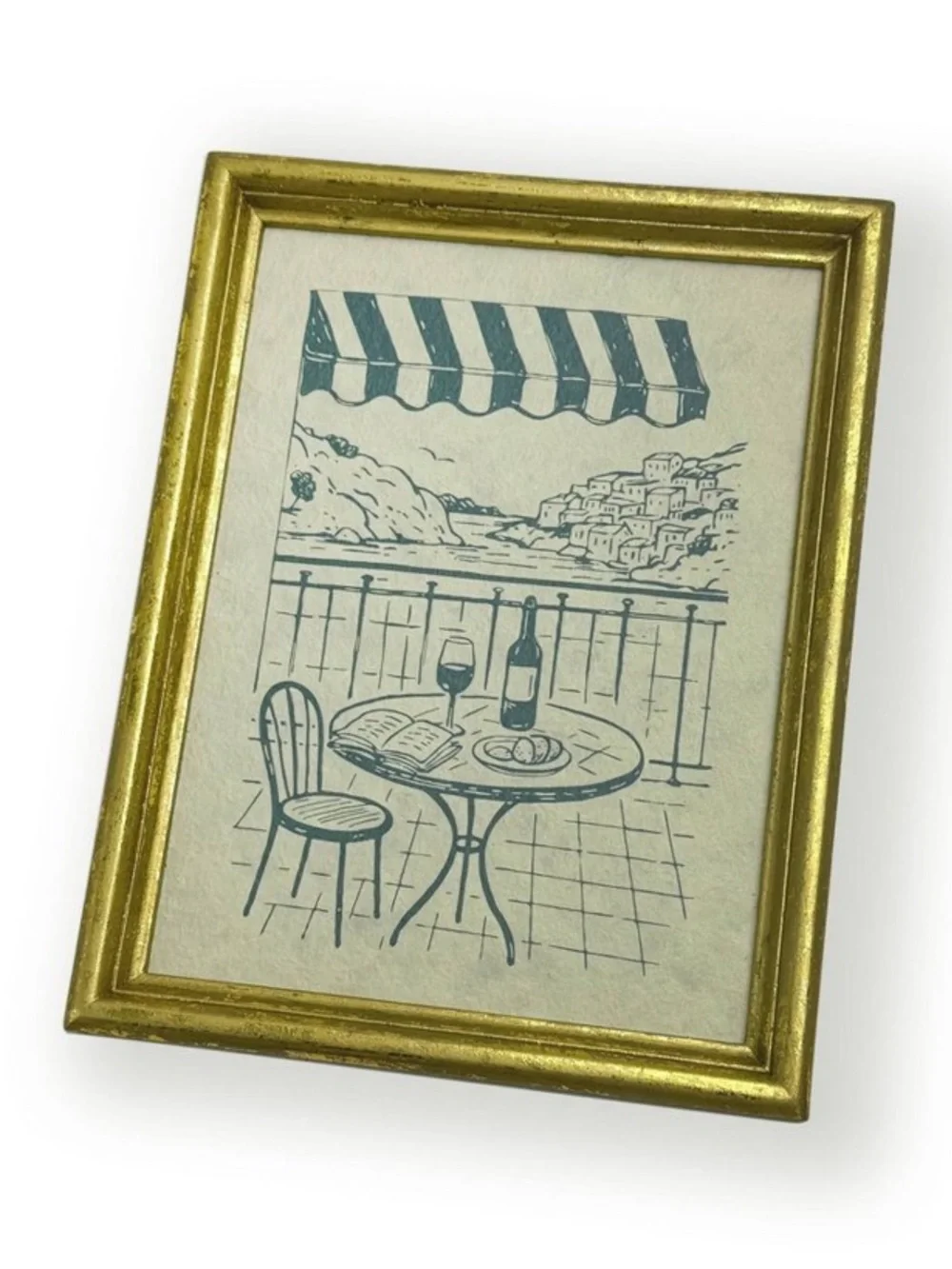 Set of Two Gold-Framed Art Prints - Café Patio and Townhouse Scenes, New!